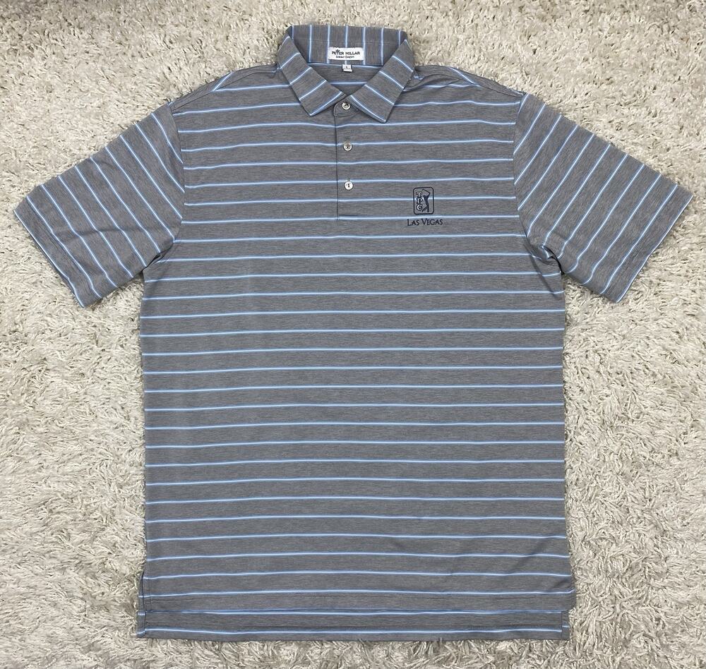 Peter Millar Summer Comfort Polo Mens Large Gray Blue Striped TPC Las Vegas Golf